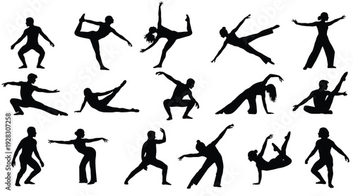 Collection of various black silhouettes of people in different yoga poses isolated on white background for design and health concepts