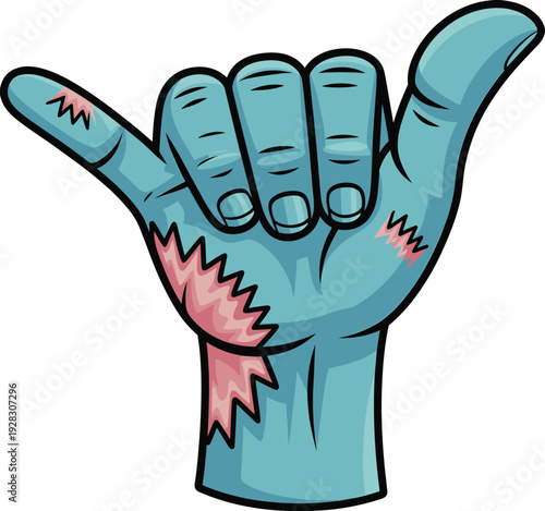 Cartoon zombie hand making shaka sign with wounds and scars, perfect for Halloween artwork, spooky creative projects, alternative art, and themed design resources.