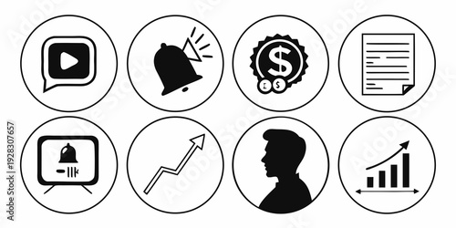 Icons representing various aspects of finance, security, and information. Vector
