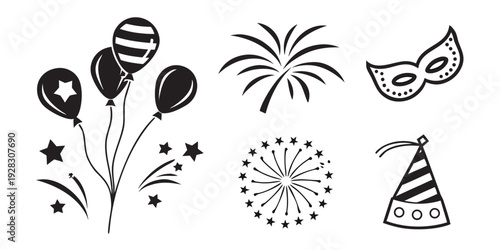 A delightful assortment of party decorations including balloons, fireworks, and hats Vector