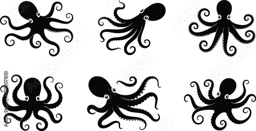 Six black octopus with detailed tentacles and varied poses on a white background marine