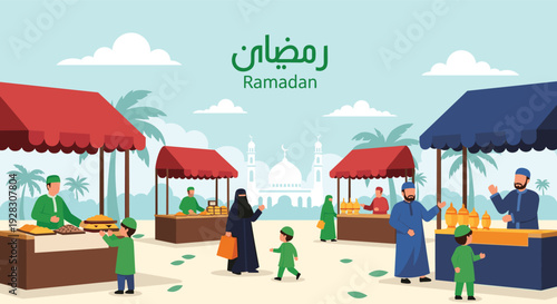 Ramadan Street Market Scene with Muslim Family Shopping, Mosque Background and Traditional Food Stalls Flat Vector Illustration