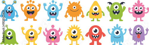 Collection of fifteen colorful cartoon one-eyed monsters with unique shapes, horns, wings, and expressions, perfect for children’s educational resources, creative artwork, and fun learning activities.