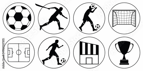 Iconic symbols representing various activities and objects in a simple line art style. Vector