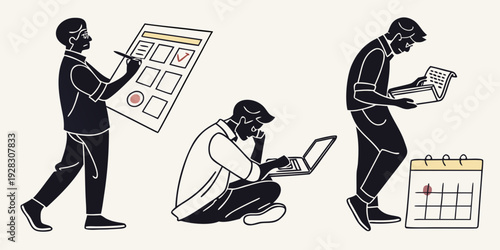 People engaged in various activities such as reading, working on a laptop, and using a tablet. Vector