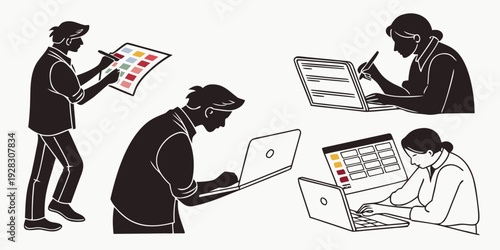 Group of people in hoodies using laptops and holding papers in a dimly lit room. Vector