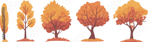 Collection of deciduous autumn trees with vibrant orange leaves and falling foliage isolated on white background for seasonal landscape design and outdoor environment creation