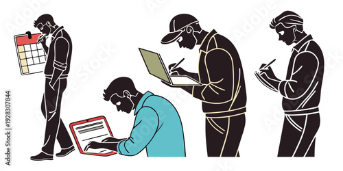 A group of people standing around a person sitting and reading a book. Vector