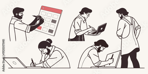 Students engaged in various learning activities in a classroom setting. Vector