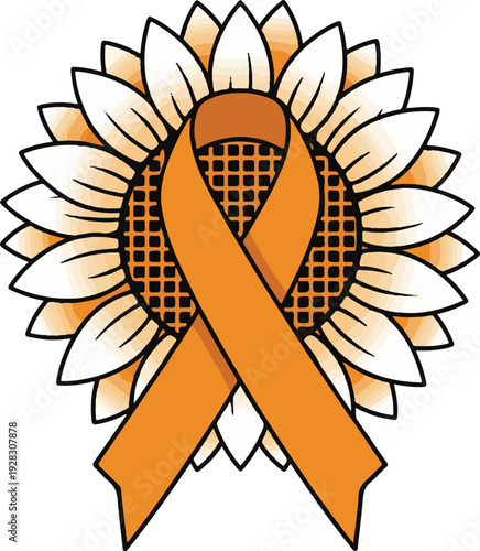 Sunflower illustration with an orange awareness ribbon for leukemia and multiple sclerosis support.