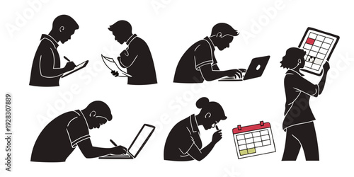 People engaged in various activities using digital devices and print media. Vector