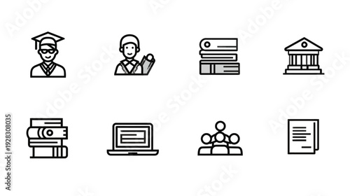 Modern Education Line Icons Vector Set: Student, Graduate, University, Books, Laptop, Knowledge, and Learning Concepts