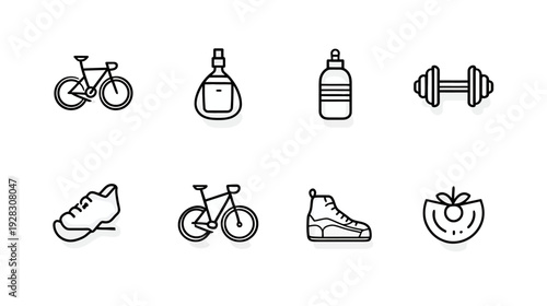 Minimalist Sport and Fitness Line Icons Vector Set: Bicycles, Dumbbell, Water Bottles, Running Shoes, and Healthy Food Slice