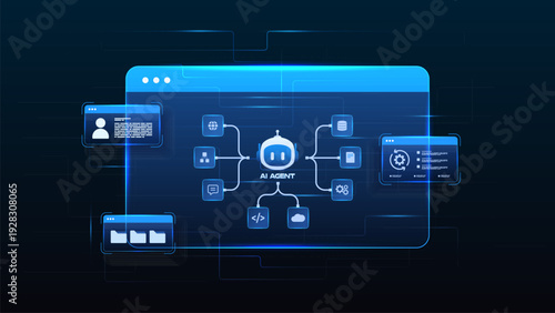 AI workflow automation artificial intelligence. ai agent network diagram dashboard machine learning architecture data processing, management, analytics and automation flow.