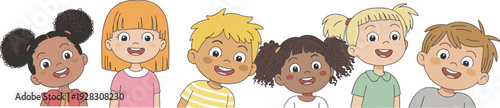 Diverse cartoon children standing together, smiling and cheerful, inclusive illustration for education, children’s books, activities, friendship, teamwork, and positive promotional design projects