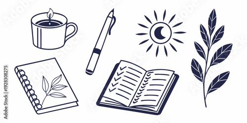 A serene study setting with an open book, a pen, a cup of coffee, and a plant. Vector