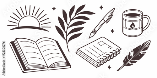 A serene study setup with an open book, a cup of coffee, and a plant. Vector