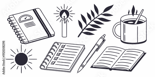 A collection of stationery items including a notebook, pen, and plant on a desk. Vector