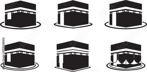 A comprehensive collection of black and white vector icons and labels featuring interior furniture silhouettes like sofas, chairs, and lamps for modern home or office room design illustrations