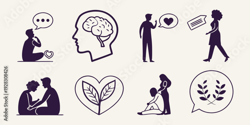 Diverse illustrations depicting various aspects of mental health and well-being. Vector
