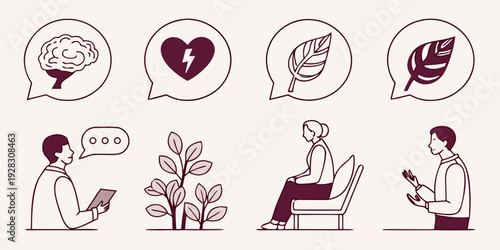 Illustration of a person engaging in various self-care activities. Vector