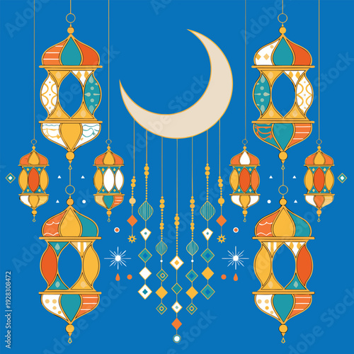 Ramadan Lanterns with Crescent Moon on Blue Background for Islamic Celebration. Ramadan Kareem ornate Islamic decorative frame with lanterns and bokeh effect. Ramadan kareem illustration with crescent
