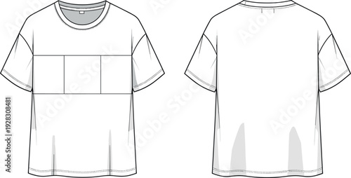 Vector technical flat fashion sketch of a short sleeve oversized shirt featuring front chest panels and blank back view template.
