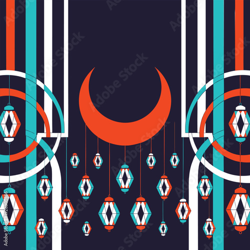 Modern Ramadan Geometric Background with Crescent Moon and Abstract Pattern. Intricate gold and dark blue Islamic geometric pattern with crescent moon and star motifs, featuring ornate calligraphy. 