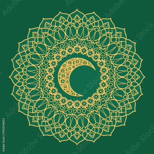 Islamic Geometric Mandala with Crescent Moon on Green Background. 