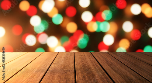 Wooden tabletop with colorful blurred lights in the background