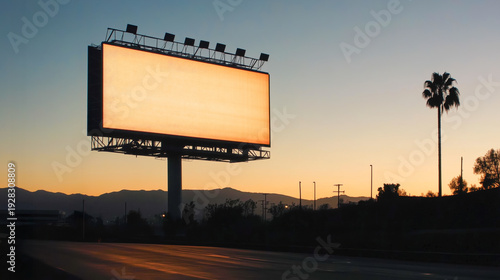 Empty billboard at sunset on a quiet highway.