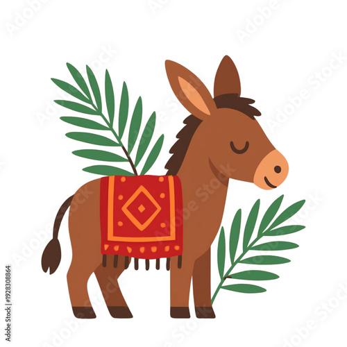 Burrinho de domingo de ramos com sela decorada e folhas de palmeira