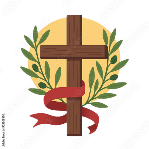 Cruz cristã de madeira com ramos de oliveira e fita vermelha