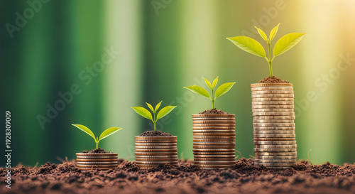 Coins stacked with small plants growing on top symbolizing financial growth