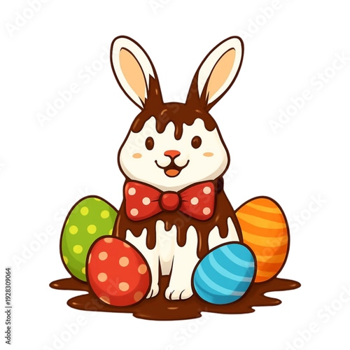 Coelho de chocolate fofo com gravata borboleta e ovos de páscoa