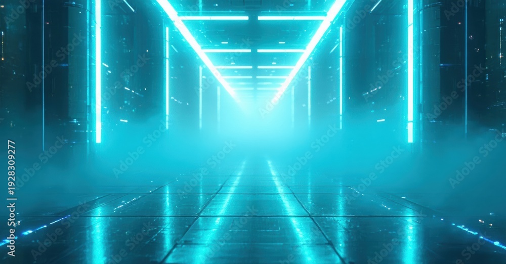 Fototapeta premium Futuristic corridor glows with bright cyan lights. Fog fills space, creating dramatic perspective. Digital aesthetic dominates scene.