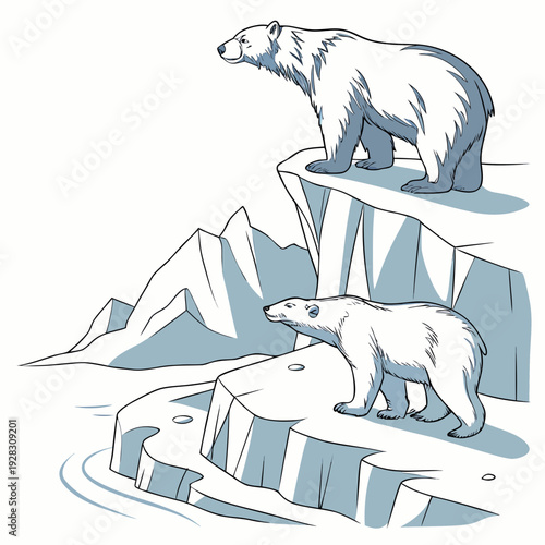 Polar bears standing on melting icebergs with mountains