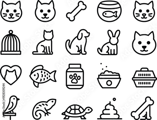 Pet care icons, animal silhouettes, cat dog rabbit, bird turtle lizard, pet food bowl, pet carrier, pet store design artwork
