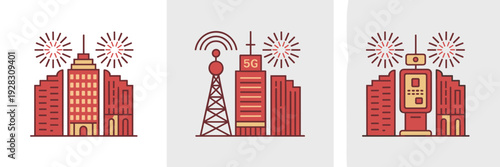 Smart city and 5G tech icons with Lunar New Year fireworks – Ideal for urban development, telecommunications, and tech startups.