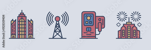 Future technology and skyscraper icon sheet for Lunar New Year – Suitable for city planning, architecture, and innovative branding.