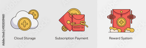 Lunar New Year cloud and payment icons – Perfect for app interfaces.