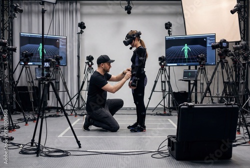 Motion Capture: A behind-the-scenes glimpse into the world of motion capture technology, showcasing a technician assisting a performer within a high-tech studio environment.
