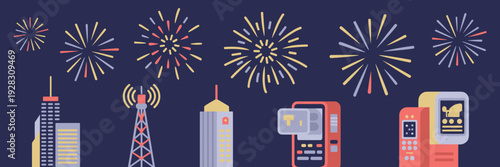 Digital payment and 5G tower icons with festive fireworks – Great for mobile network providers and smart city infrastructure.