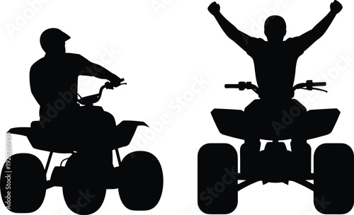 Two Silhouettes of People Riding A T Vs with Arms Raised in Celebration quad bike black white
