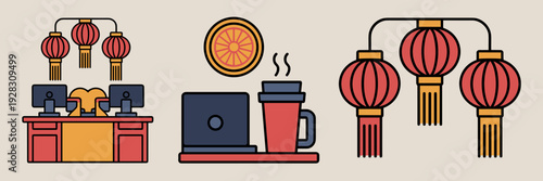 Coworking office and lantern icon set – Ideal for workplace blogs.