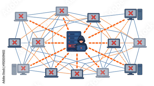 Cybersecurity Threat Hacker Attacking Network of Compromised Computers. Vector Illustrations. EPS Editable