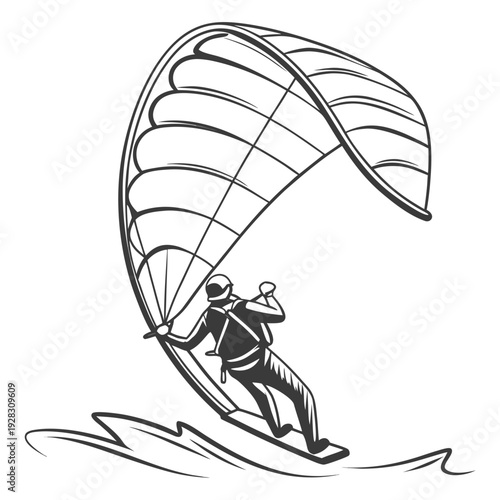 Black and white of a person kitesurfing kite surfing