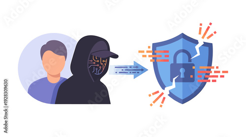 Cybersecurity threat Hacker attempting to breach digital security shield. Vector Illustrations. EPS Editable