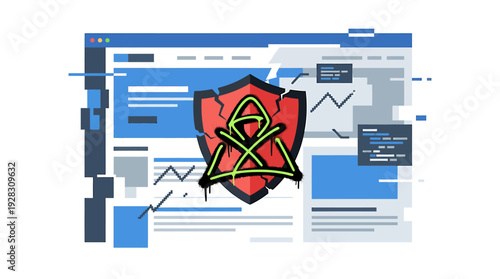 Cybersecurity Threat on Web Browser Interface with Glitch Effect. Vector Illustrations. EPS Editable