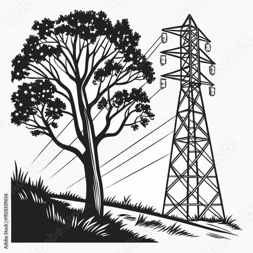Blackout power outage electricity tower and tree grass